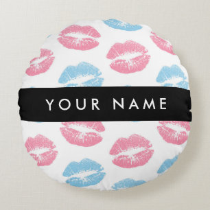 Pink Lips, Blue Lips, Kiss, Your Name, Personalise Round Cushion