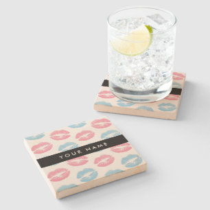 Pink Lips, Blue Lips, Kiss, Your Name, Personalise Stone Coaster