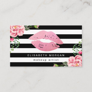 Pink Lips Floral Black White Stripes Makeup Artist Business Card