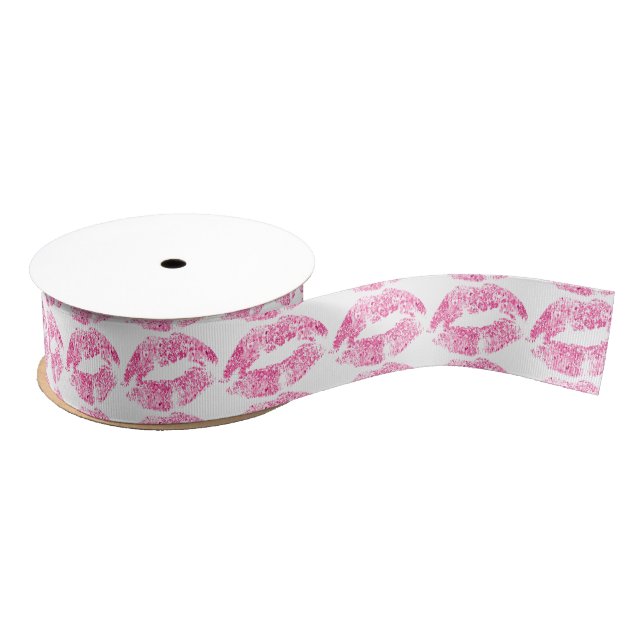 Pink Lips Glitter Pattern Grosgrain Ribbon (Spool)