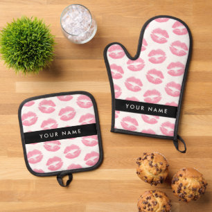 Pink Lips, Kiss, Lipstick, Your Name, Personalise Oven Mitt & Pot Holder Set