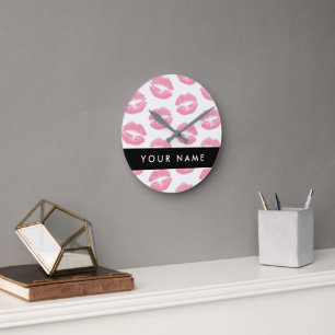Pink Lips, Kiss, Lipstick, Your Name, Personalise Round Clock