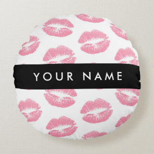 Pink Lips, Kiss, Lipstick, Your Name, Personalise Round Cushion