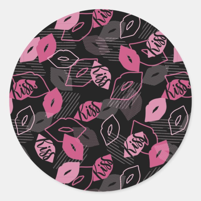 Pink Lips Kissing Pattern Black Ver Classic Round Sticker (Front)