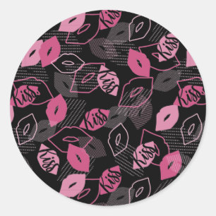 Pink Lips Kissing Pattern Black Ver Classic Round Sticker