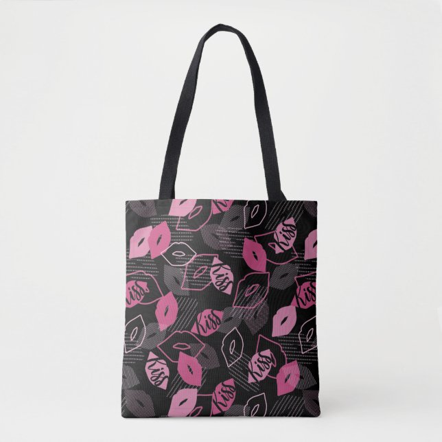 Pink Lips Kissing Pattern Black Ver Tote Bag (Front)