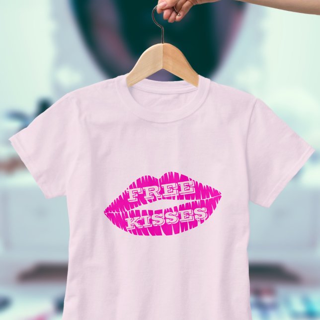 Pink Lips Lipstick Kiss Free Kisses T-Shirt (You can give away free kisses when you wear this t-shirt! Fun for Valentine's or any time of year)