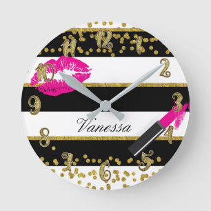 Pink Lips Lipstick Kiss Gold Glamour Glam Chic Round Clock