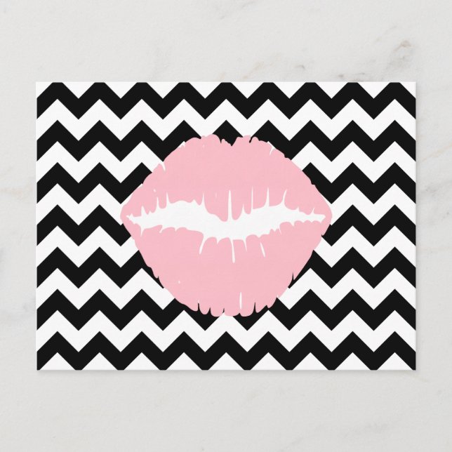 Pink Lips on Black and White Zigzag Postcard (Front)