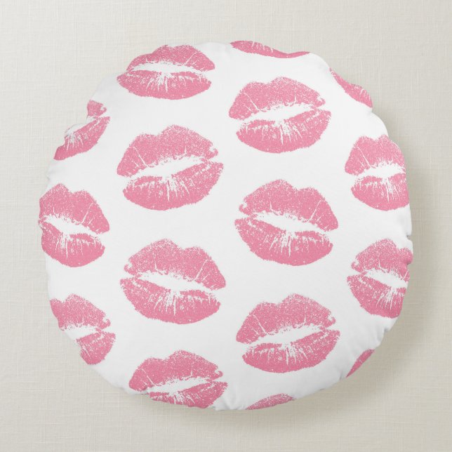 Pink Lips, Pattern Of Lips, Pink Lipstick, Kiss Round Cushion (Front)