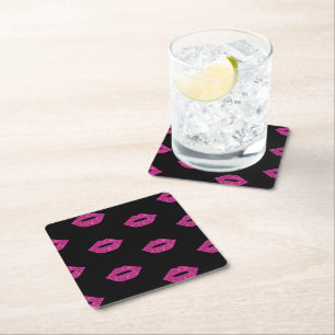 Pink Lips Purple Glitter Kisses Elegant Makeup Square Paper Coaster