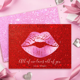 Pink Lips Red Glitter All of Me Loves Valentine Holiday Card
