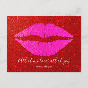 Pink Lips Red Glitter Valentine All of Me Love You Holiday Postcard