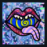 Pink Lips Screaming Mouth Spiral Pop Art Print<br><div class="desc">Sometimes all the digital noise makes you spiral outta control until ya just wanna scream. Screaming open mouth with blue and yellow spiral scream, striped pink and purple tongue sticking out of the mouth. Lips have cherries, hearts, strawberry, ladybug, roses and pink-and-orange stripes. In front of a glitchy pastel pixel...</div>