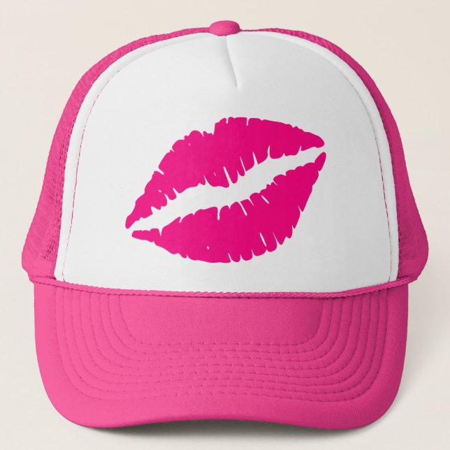 Pink lipstick kiss pop art trucker hat (Front)