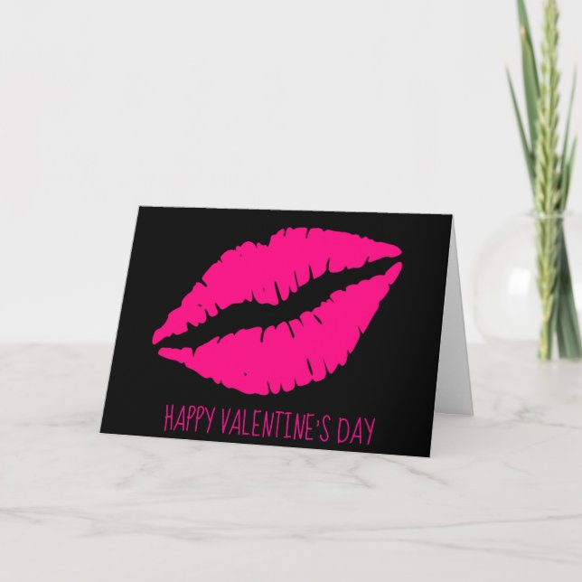 Pink Lipstick Valentine pop art lips on girly pink Holiday Card (Front)