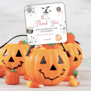 Pink Little Boo Baby Shower Cute Ghost & Pumpkins Square Sticker
