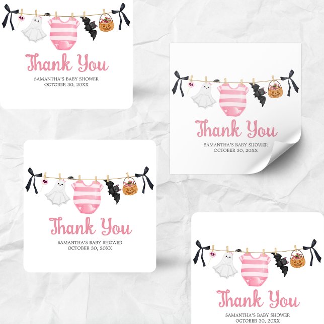 Pink Little Boo Baby Shower Square Sticker (Girl Little Boo Halloween Clothesline Baby Shower Sticker)
