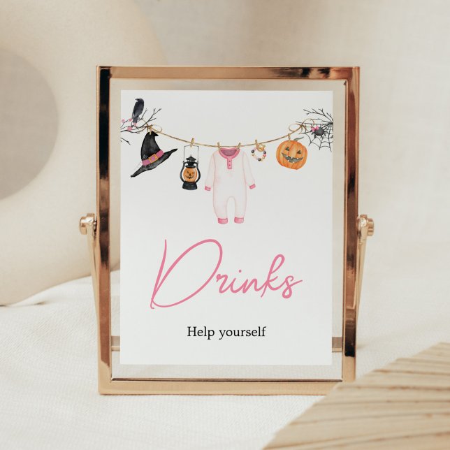 Pink Little Boo Halloween Baby Shower Drinks Poster (Halloween Baby Clothes Baby Shower Drinks Sign)