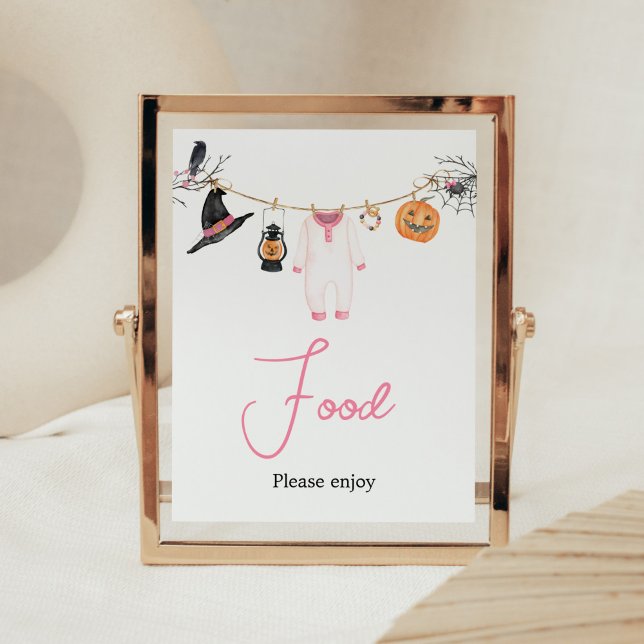 Pink Little Boo Halloween Baby Shower Food Poster (Halloween Baby Clothes Baby Shower Food Sign)