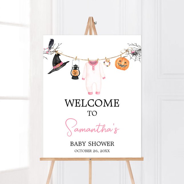 Pink Little Boo Halloween Baby Shower Welcome Poster (Halloween Baby Clothes Baby Shower Welcome Sign)