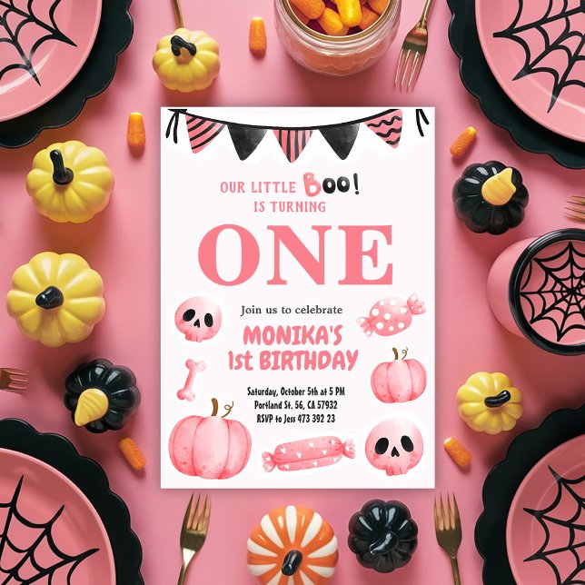 Pink Little Boo One Girl Halloween 1st Birthday  Invitation (Creator Uploaded)