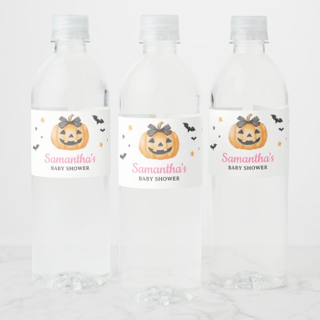 Pink Little Boo Spooky Pumpkin Baby Shower Water Bottle Label (Bottles)