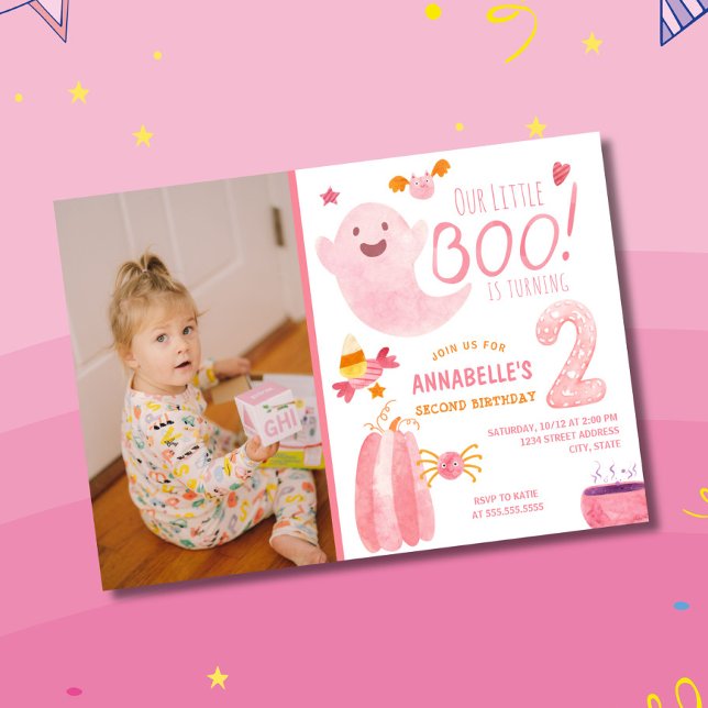 Pink Little Boo Turning Two Photo 2nd Birthday Invitation (Creator Uploaded)