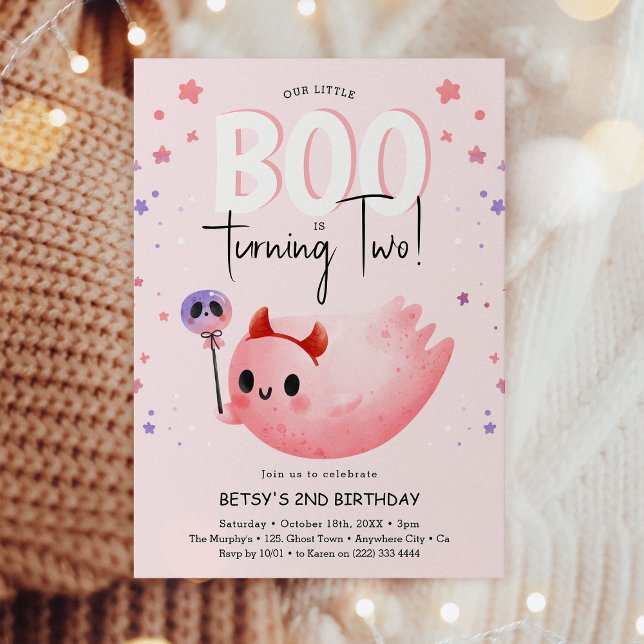 Pink Little Boo Two Girl Halloween 2nd Birthday Invitation (Creator Uploaded)