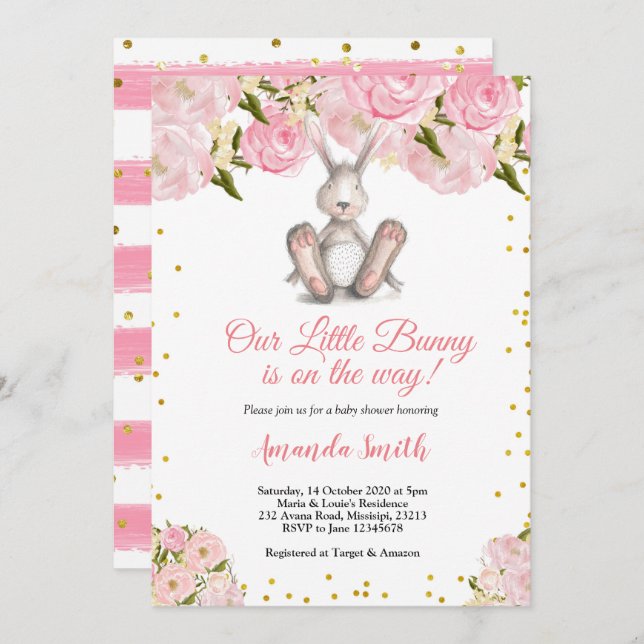 Pink Little Bunny Gold Baby Shower Invitation (Front/Back)