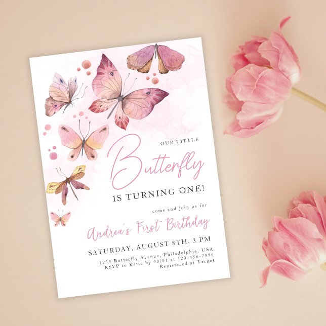 Pink Little Butterfly is Turning One 1st Birthday Invitation (Creator Uploaded)