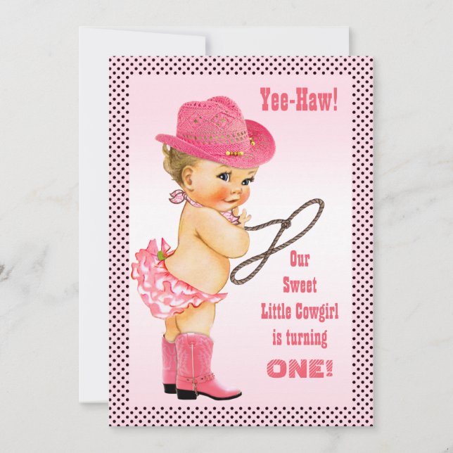 Pink Little Cowgirl Polka Dots 1st Birthday Invitation (Front)