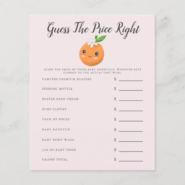 Pink Little Cutie Baby Shower Guess The Price  (Front)