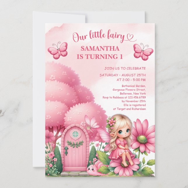 Pink little fairy sitting on flowers girl birthday invitation (Front)
