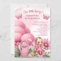 Pink little fairy sitting on flowers girl birthday