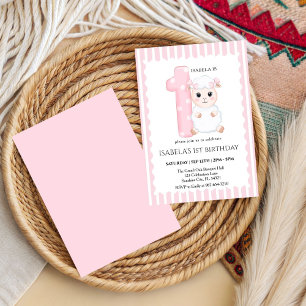 Pink Little Lamb 1st Birthday Invitation