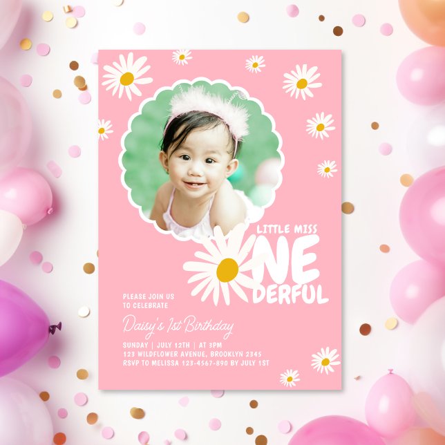 Pink Little Miss ONEderful Daisy Photo Birthday Invitation (Creator Uploaded)