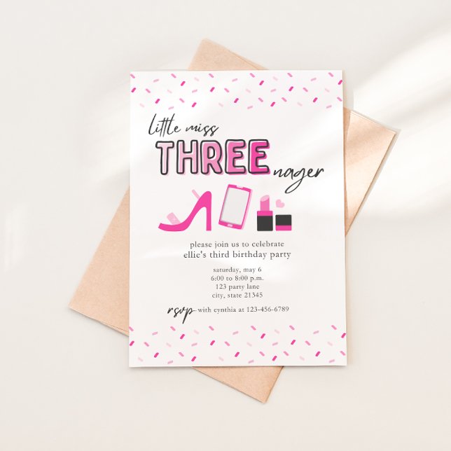 Pink Little Miss Threenager Birthday Invitation (Birthday invitation featuring all pink sprinkles, high heels, cellphone, and lipstick. )