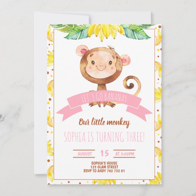 Pink Little Monkey Baby Girl Birthday Party Invitation (Front)