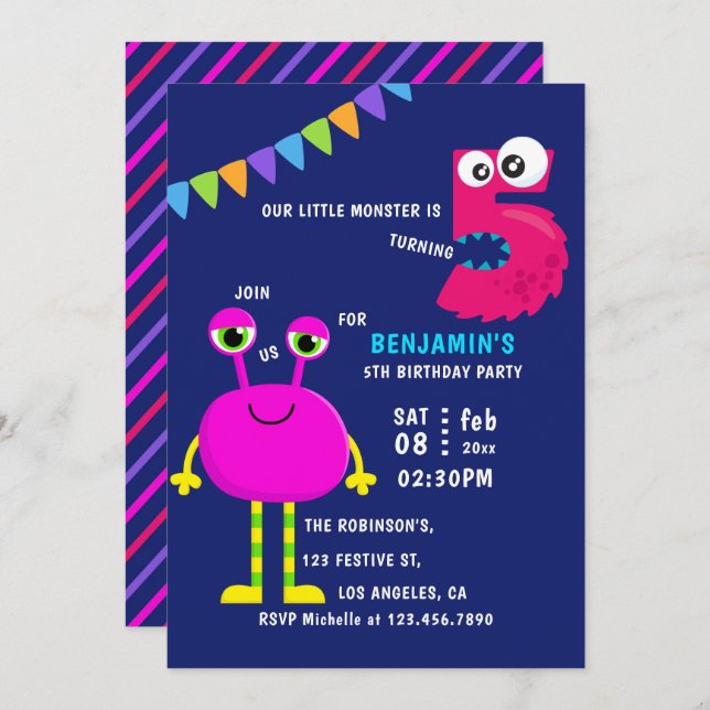 Pink Little Monster 5th Birthday Party Invitation (Front/Back)