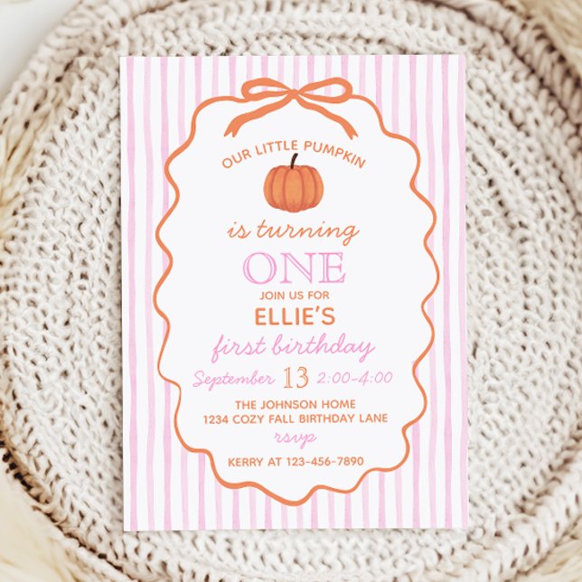 Pink Little Pumpkin 1st Birthday Invitation (Invitation with pink and white stripes, orange bow, and pumpkin illustrations)