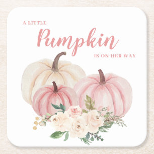 Pink Little Pumpkin Baby Shower Square Paper Coaster