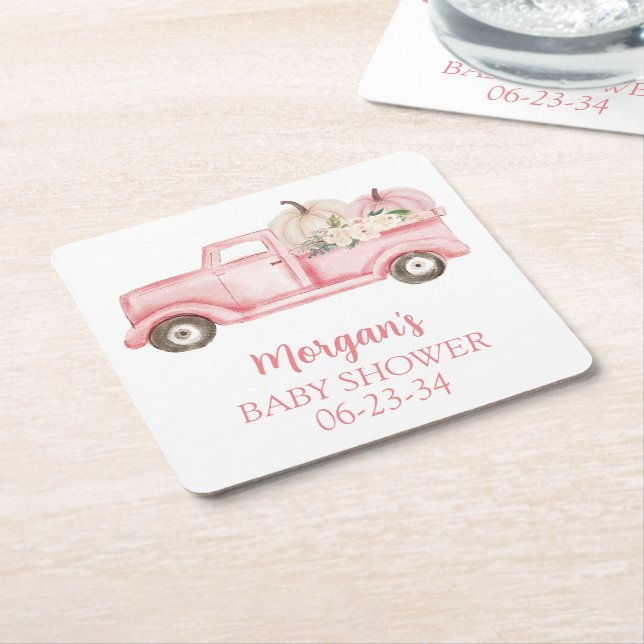 Pink Little Pumpkin Cute Baby Shower Square Paper Coaster (Angled)