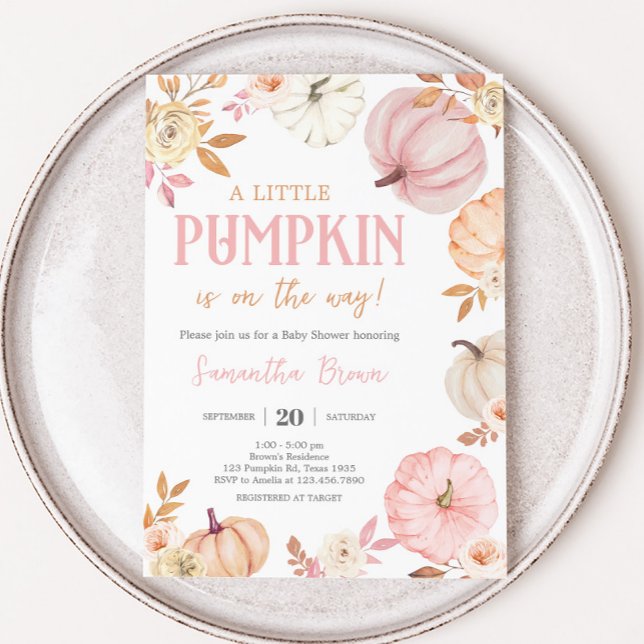 Pink Little Pumpkin Fall Baby Shower Invitation (Girl Little Pumpkin Fall Baby Shower Invitation)