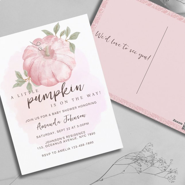 Pink Little Pumpkin Fall Baby Shower Invitation Postcard (Creator Uploaded)