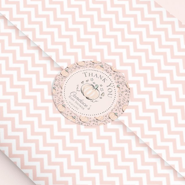 Pink Little Pumpkin Fall Baby Shower Thank You Classic Round Sticker (Cute Hand Drawn Little Pumpkin, Stars & Candy Halloween Baby Shower Thank You Sticker in Pastel Pink)