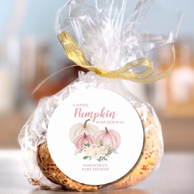 Pink Little Pumpkin Girl Baby Shower  Classic Round Sticker (Creator Uploaded)