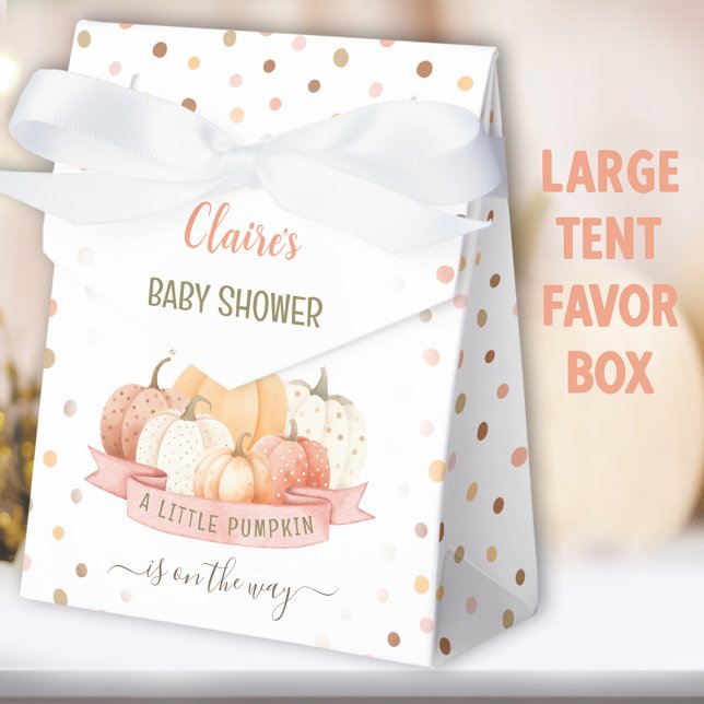 Pink Little Pumpkin Girl Baby Shower Large Tent Favour Box (Dotted Pumpkin favor box - You can choose from 2 sizes of these tent favor boxes)