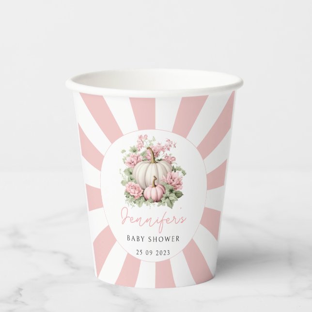 Pink little pumpkin girl baby shower paper cups (Front)