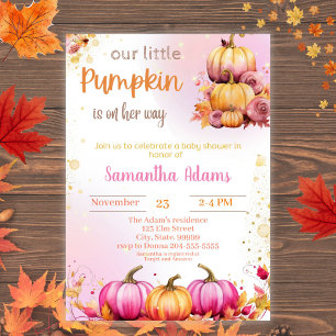 Pink Little Pumpkin is on her Way Baby Shower In Invitation